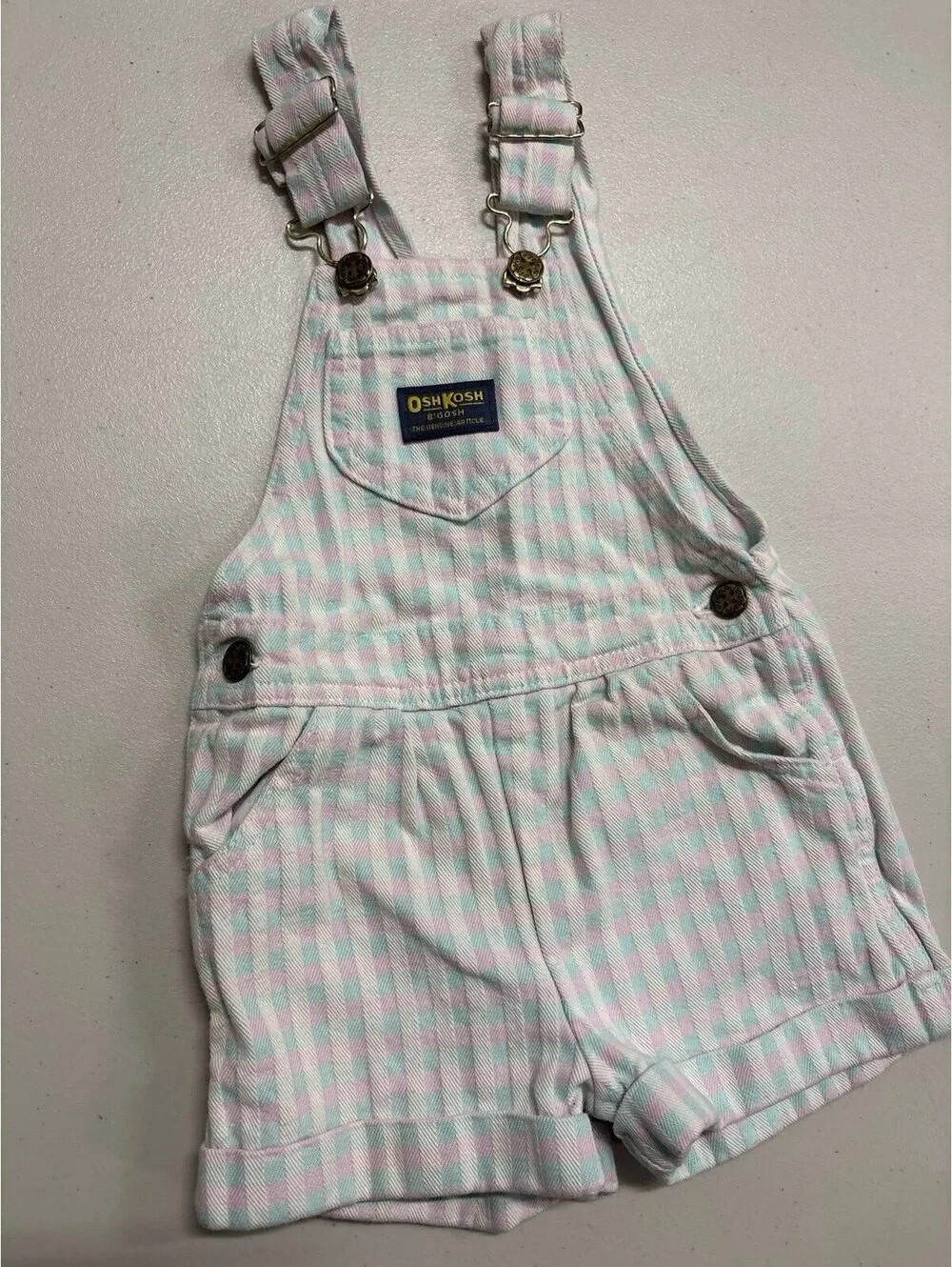 Vintage OshKosh B’gosh Girls 4T Pastel Plaid Shortalls Overalls Cuffed Legs